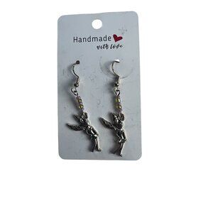 Silver Fairies w/Pink & Green Beads Dangling Earrings